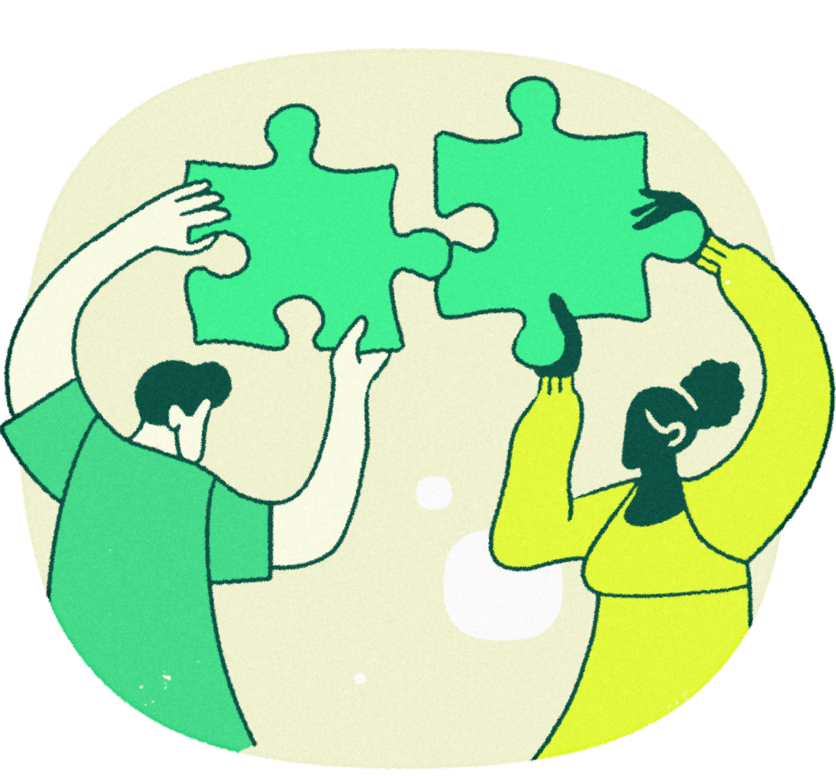 A man and a woman stand facing each other, each holding a piece of a puzzle that they are about to put together.