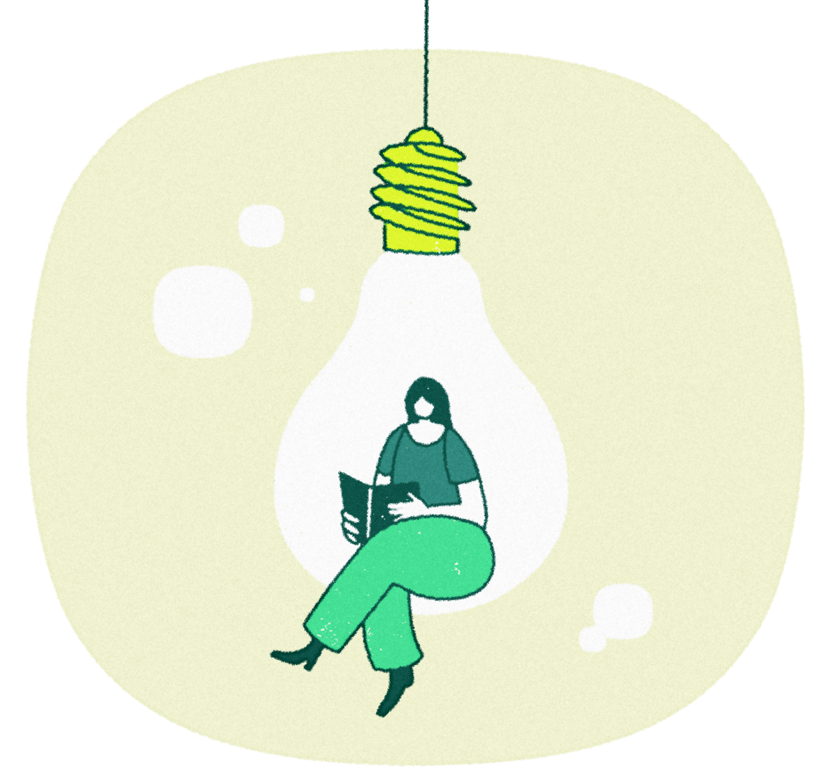 A woman, legs crossed, reads a book while sitting in a light bulb suspended from the ceiling, which serves as a chair. Around her float a few bubbles shaped like the PBUQ logo.