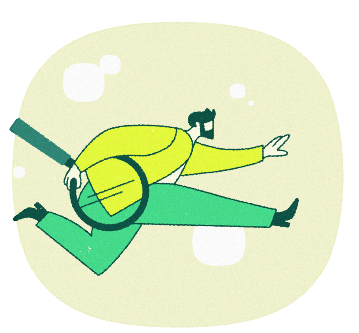 A man carrying a giant magnifying glass under his right arm rushes to the right. His left arm and right leg are stretched forward. Around him float a few bubbles shaped like the PBUQ logo.