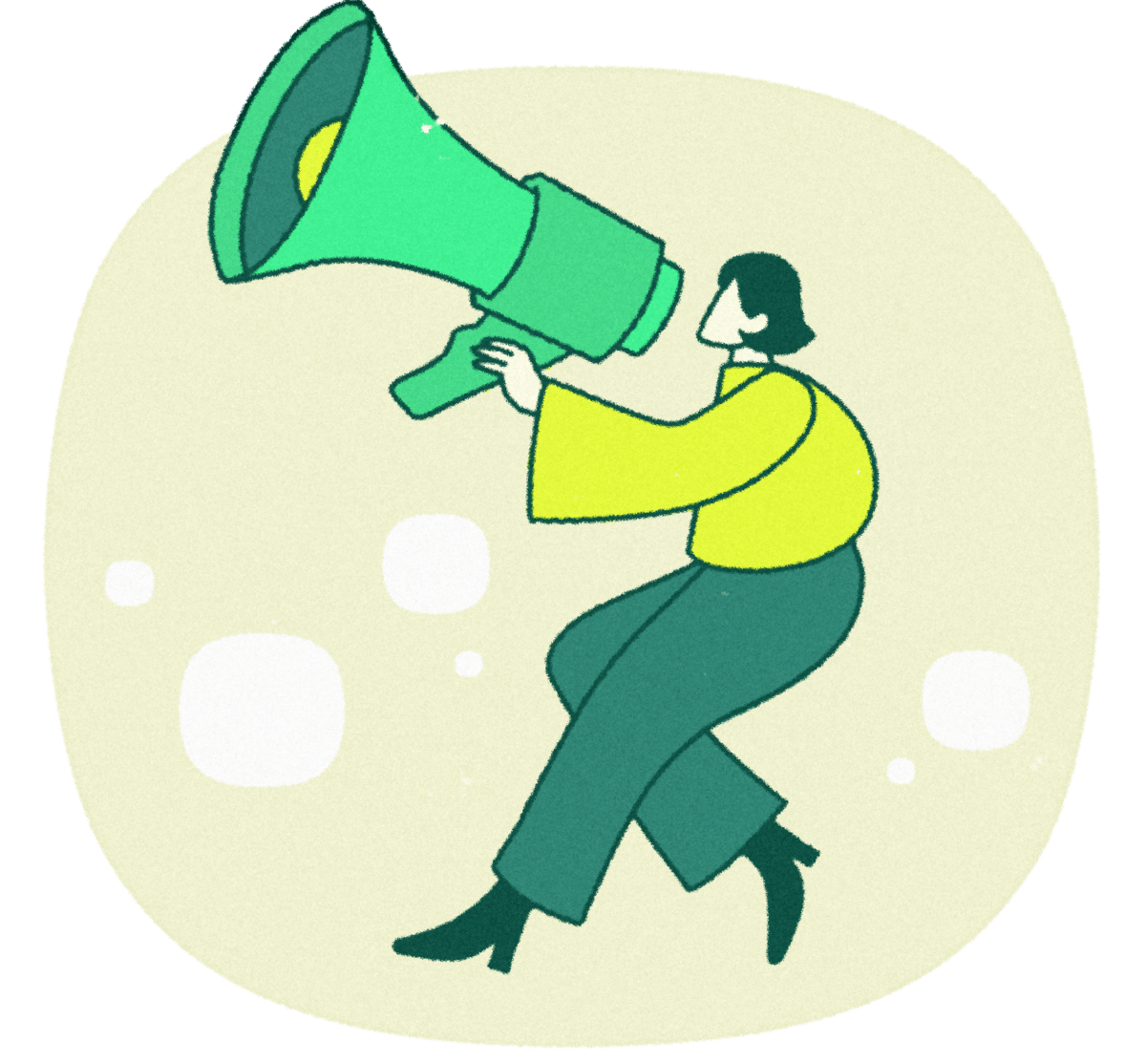 A woman, facing left, is holding a giant megaphone in her left arm. Her right leg is slightly bent.