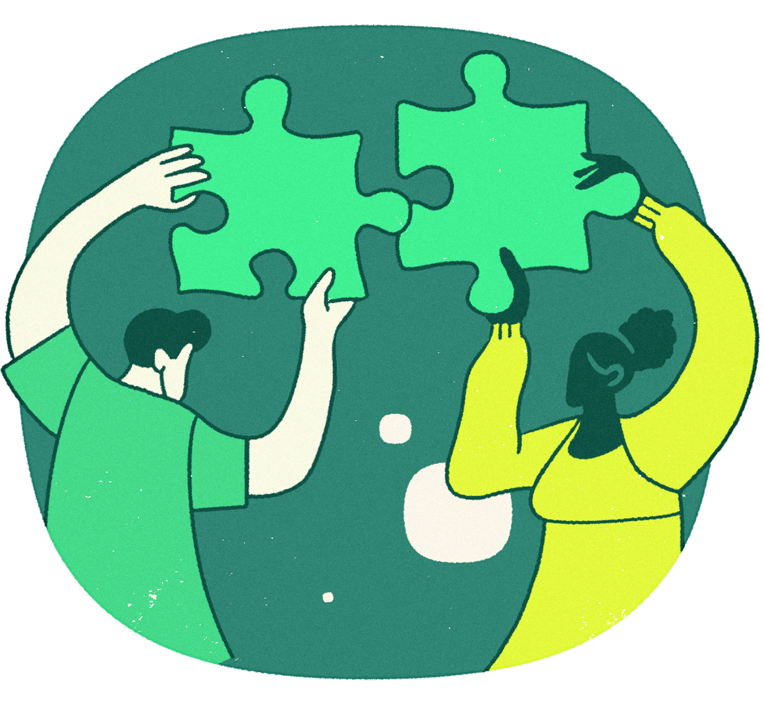 A man and a woman stand facing each other, each holding a piece of a puzzle that they are about to put together.