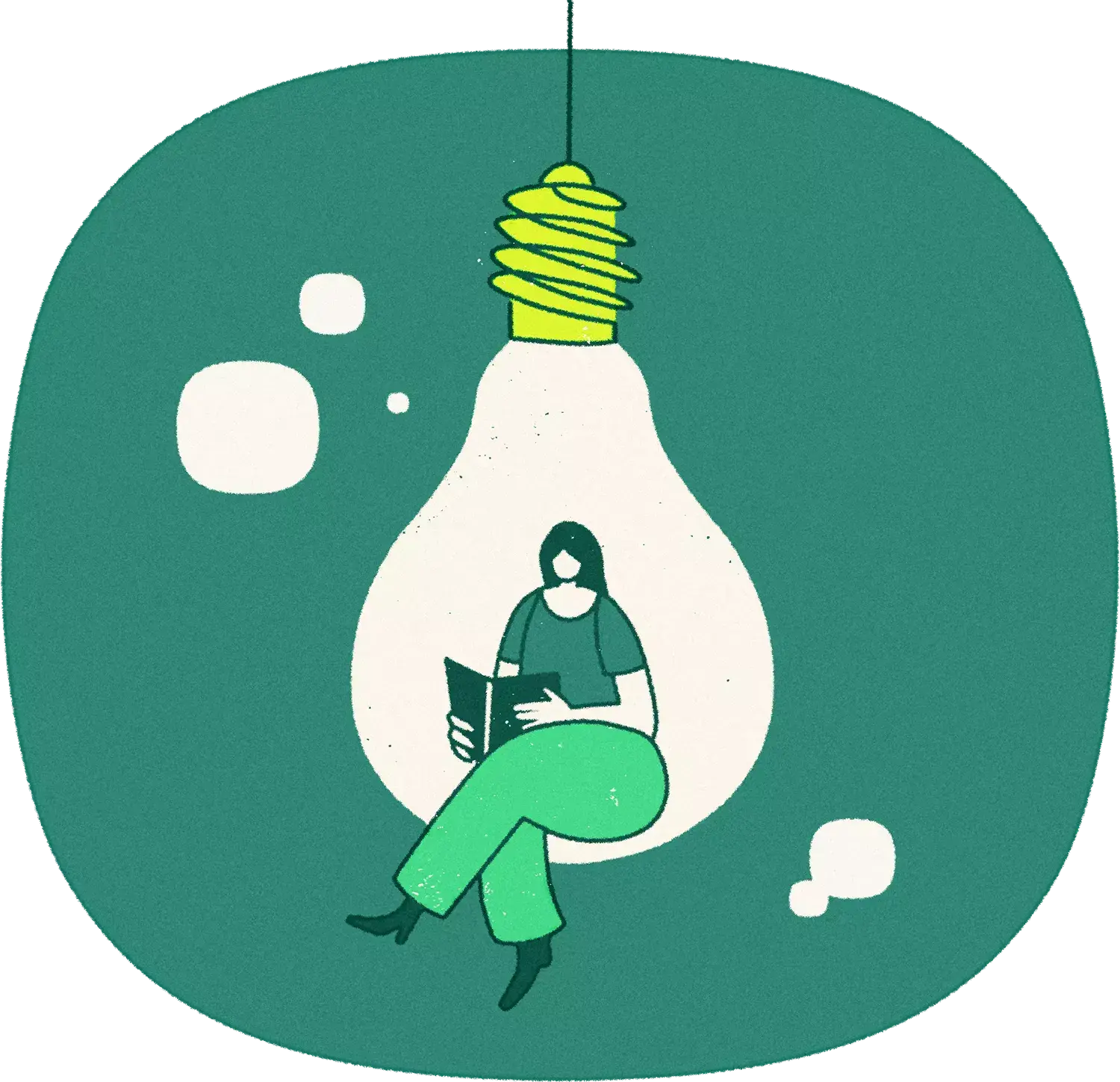 Une femme, jambes croisées, lit un livre assise dans une ampoule suspendue faisant office de fauteuil. Autour d'elle flottent quelques bulles ayant la forme du logo du PBUQ.