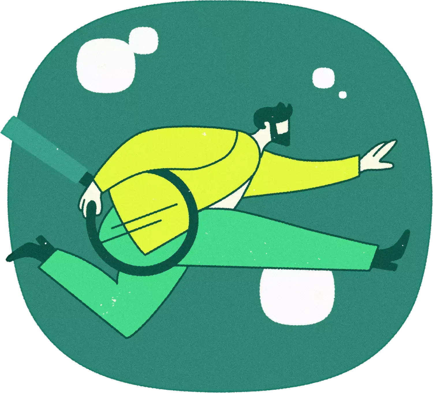 Un homme, portant une loupe géante sous son bras droit, s'élance vers la droite. Son bras gauche et sa jambe droite sont élancés en avant. Autour de lui flottent quelques bulles ayant la forme du logo du PBUQ.