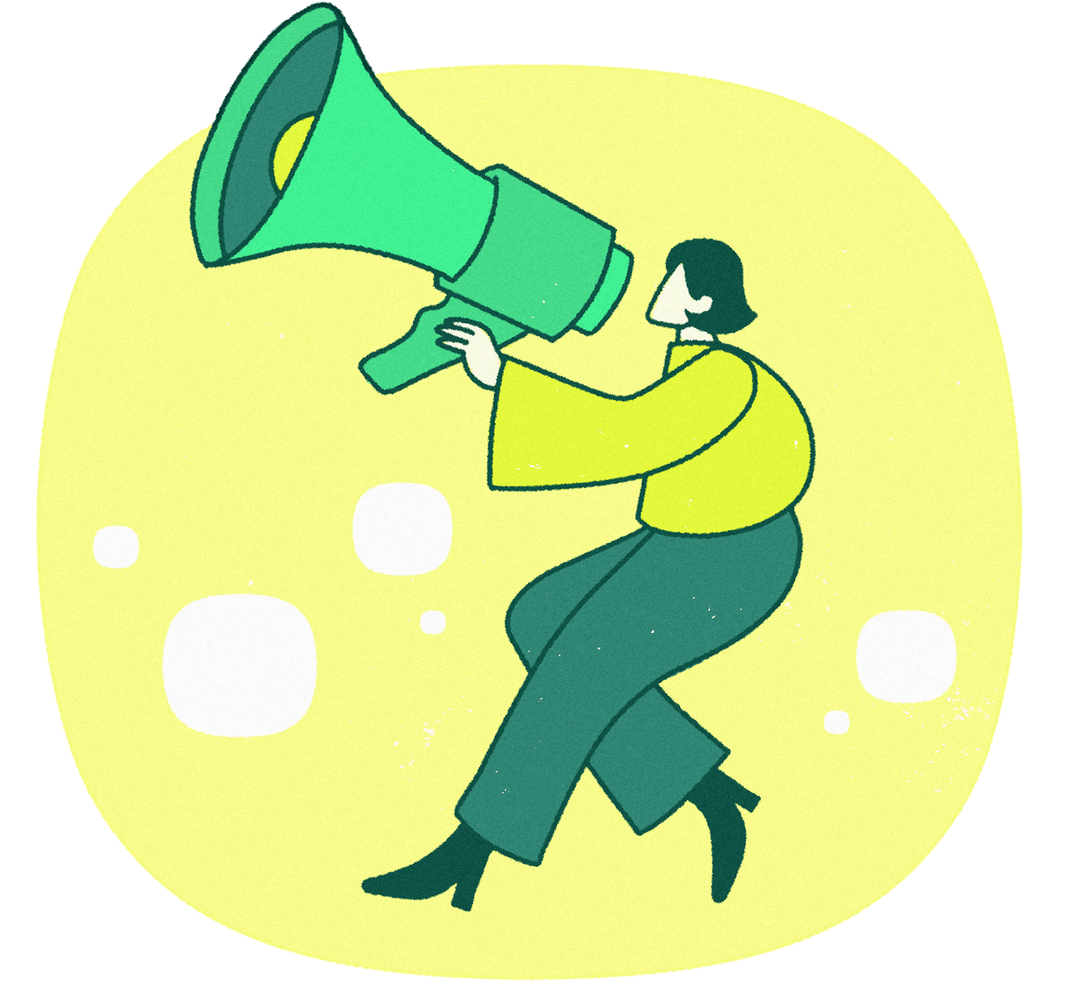 A woman, facing left, is holding a giant megaphone in her left arm. Her right leg is slightly bent.