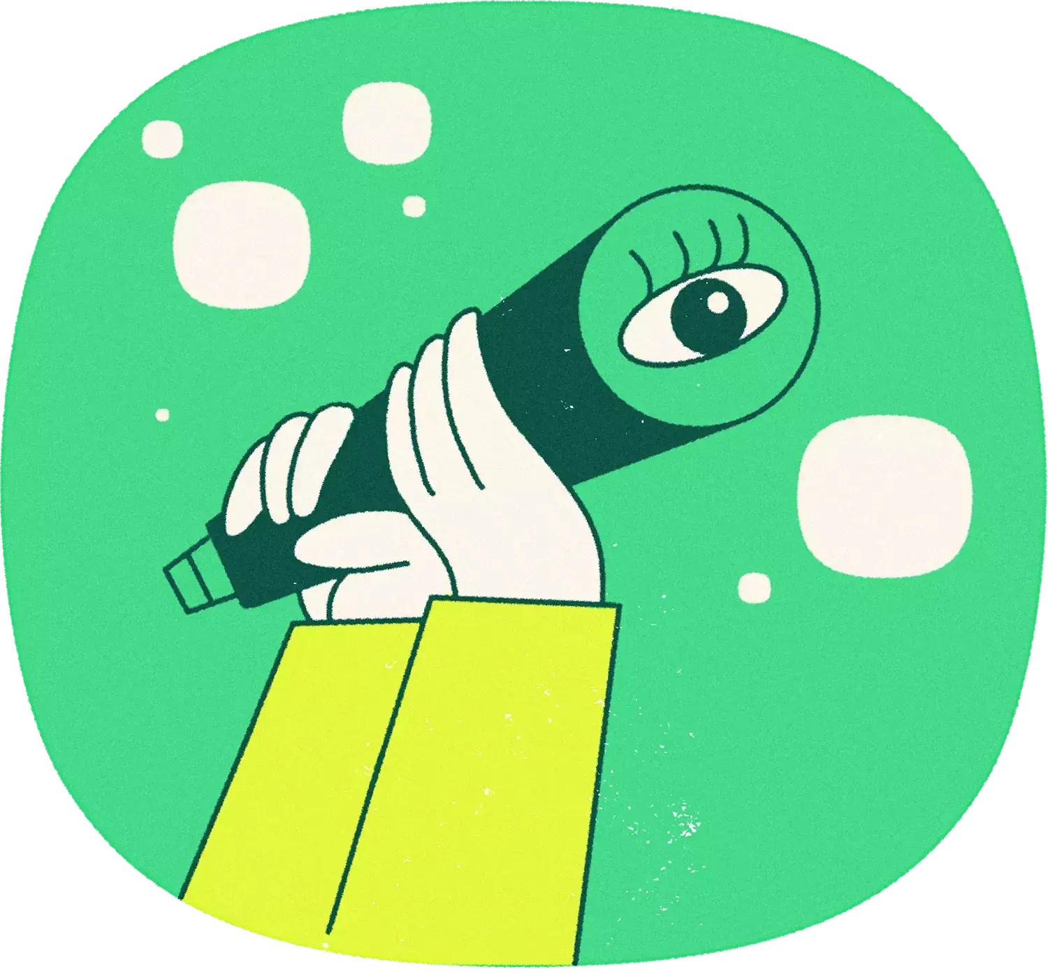 Deux mains tiennent une longue-vue. Sur l'objectif de la longue-vue est dessiné un œil ouvert surmonté de 4 cils. Autour flottent quelques bulles ayant la forme du logo du PBUQ.